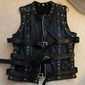 Custom made black genuine leather vest cool straps design